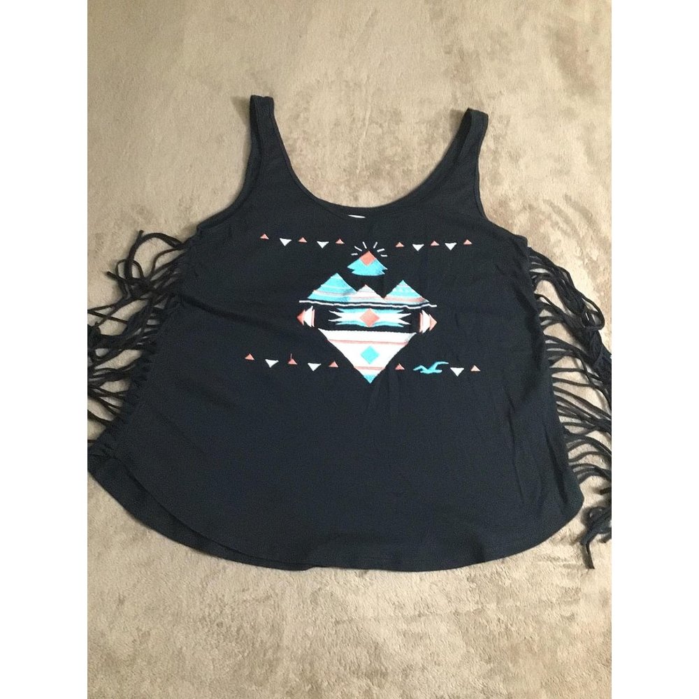 Hollister Embroidered Fringed Tank Top M Black